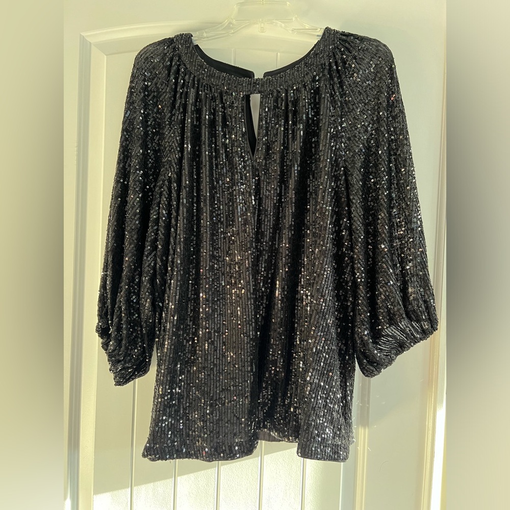 Vince Camuto Black Sequin Puff Sleeve Blouse